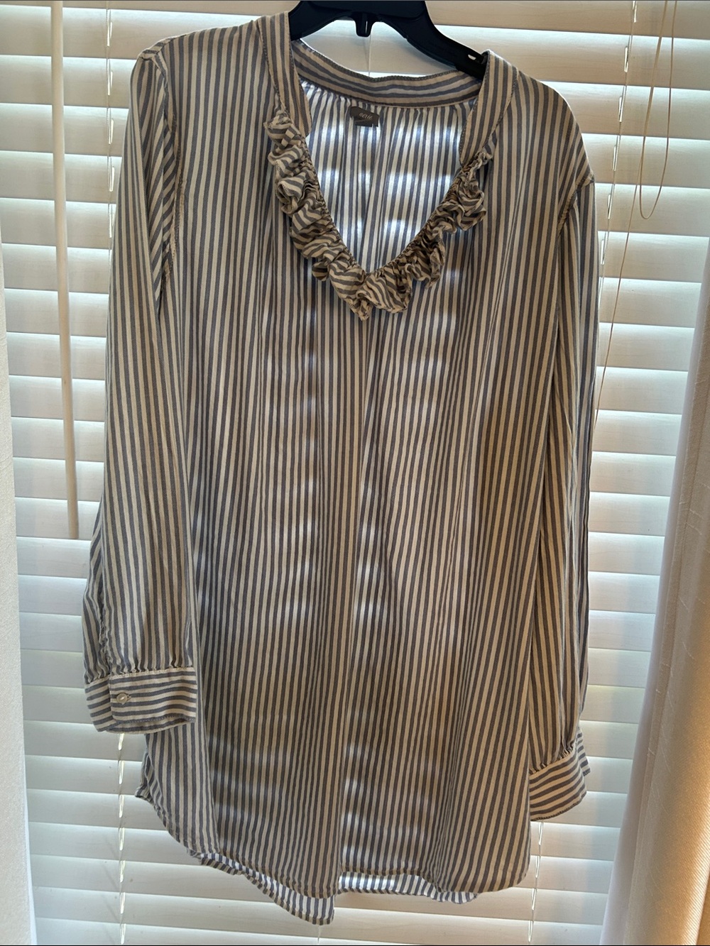 aerie Striped Ruffle V-Neck Blouse - Cream & Gray